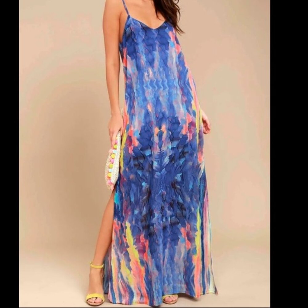 NWT - Lulus Flying Watercolors Royal Blue Print Dress